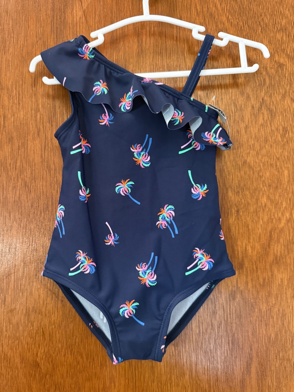 NWT Oshkosh Girls' Navy One-Shoulder Ruffle Palm Tree Swimsuit